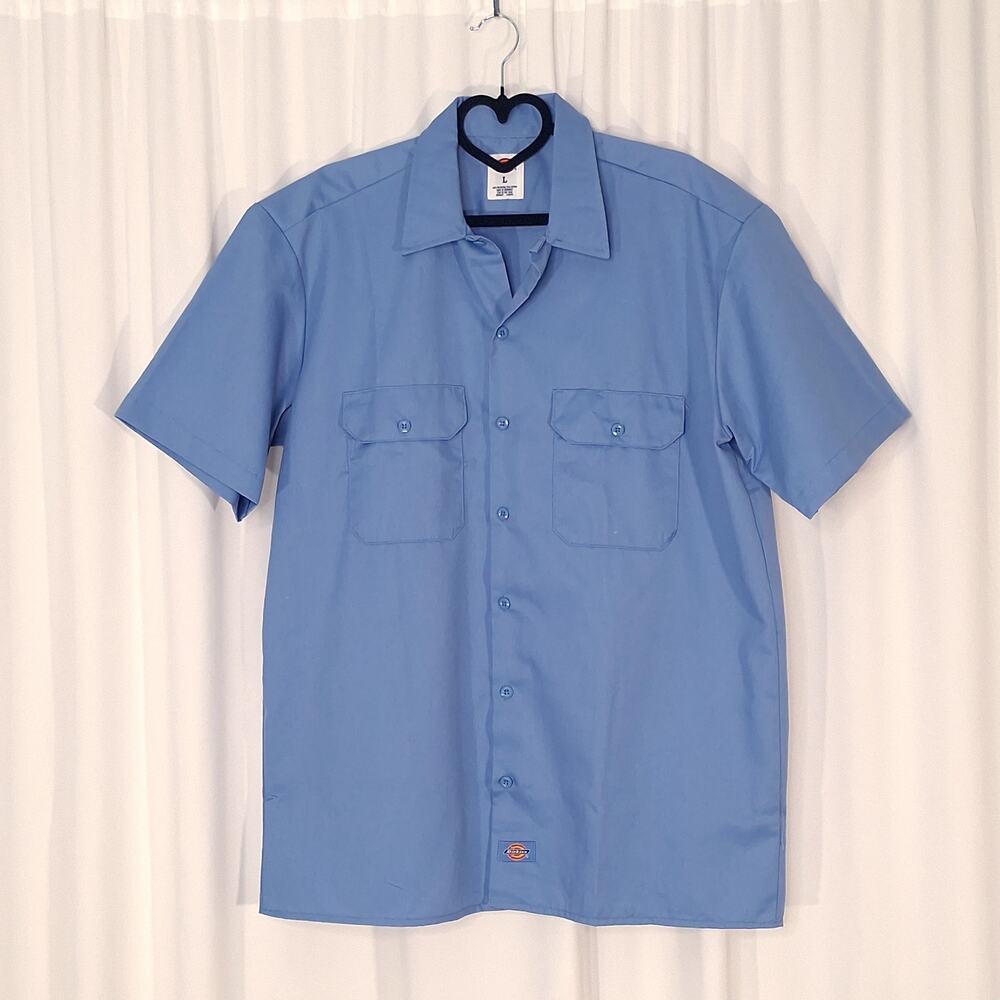 Dickies Work Shirt Men's Large Blue Short Sleeve Button Front 2 Pocket New